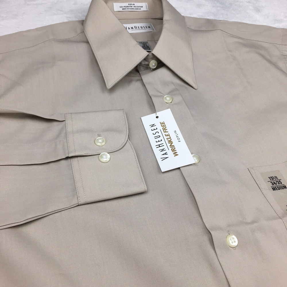 Van Heusen Dress‎ Shirt Men's M 15.5-34/35 Beige Regular Fit Wrinkle Free - Picture 5 of 9